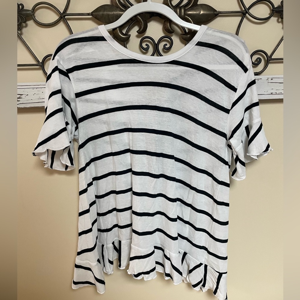 Chaser Black and White Striped Ruffle Top, Size XS